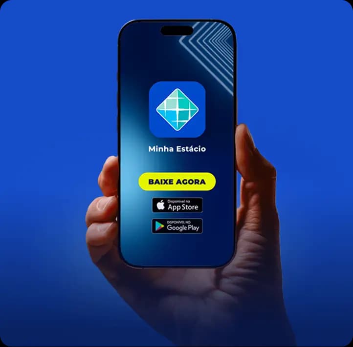 Imagem ilustrativa do aplicativo Minha Estácio, mostrando a tela da aplicação com as funcionalidades, representando a praticidade e leveza do app para os estudantes