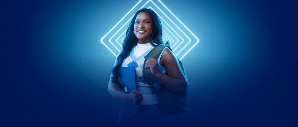 Imagem Ilustrativa de Rebeca Andrade vestida para estudar, segurando uma bolsa nas costas e um notebook na mão, sorrindo em pé